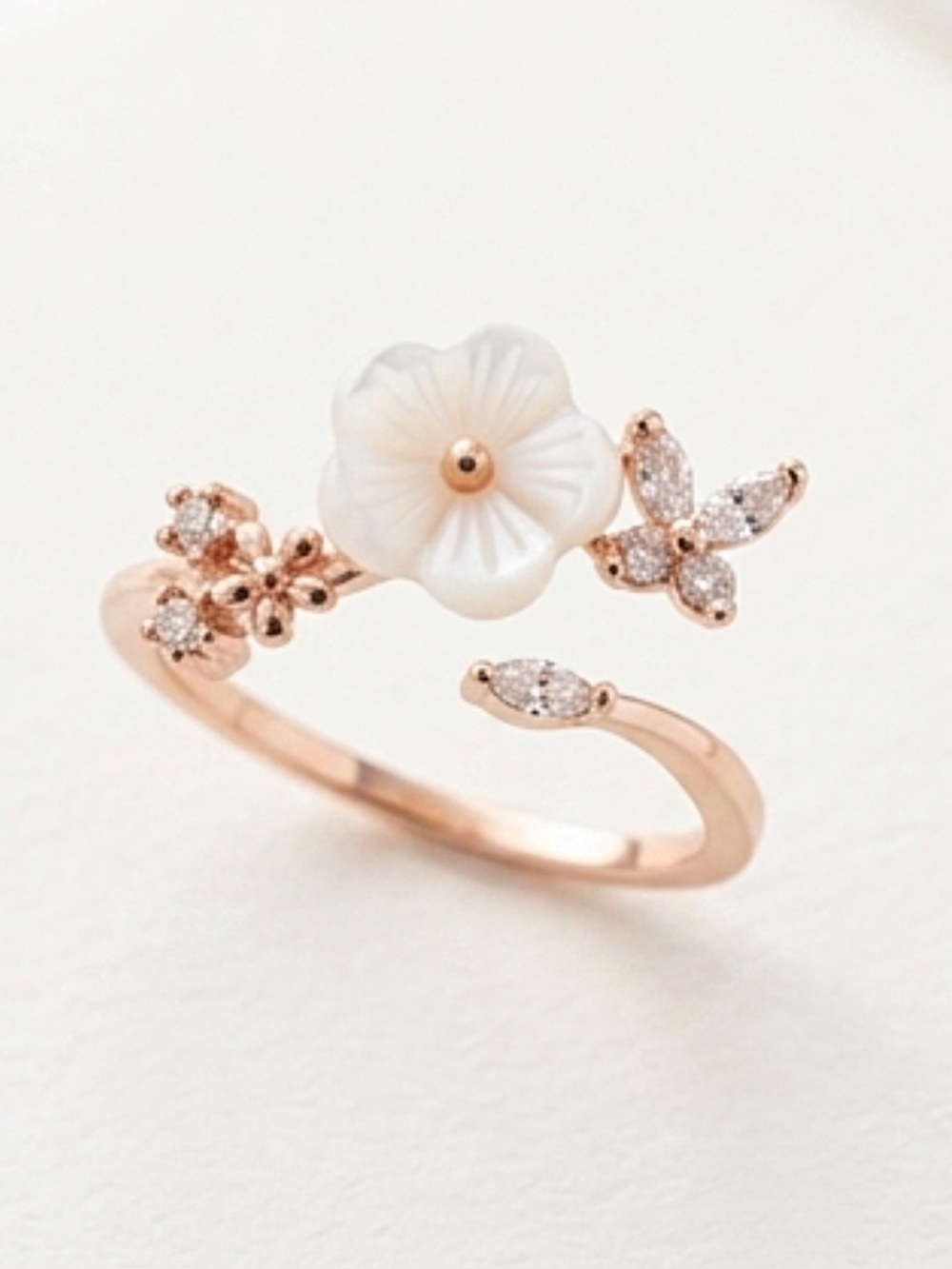 Butterfly CZ Vine and Flower Adjustable Wrap Ring Rose Gold